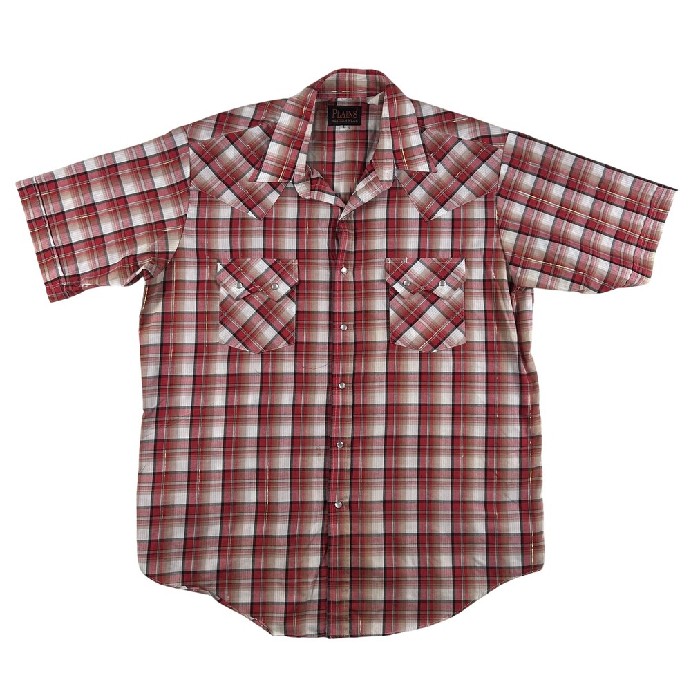 Plains Shirt Mens Large Red Plaid Short Sleeve Western Snap Pockets Casual